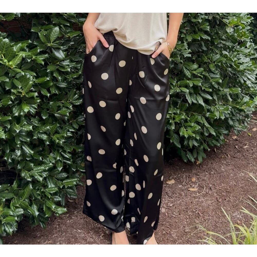 Davi & Dani silky polka dot pants - black pull on wide leg satin summer size L